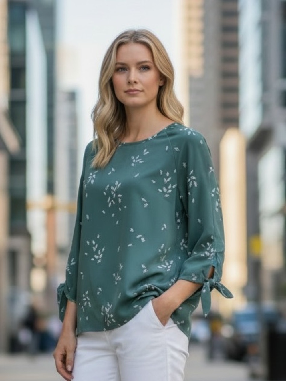 Anthropologie Papermoon Teal Green Floral Tie-Cuff Blouse Relaxed Fit Size Med